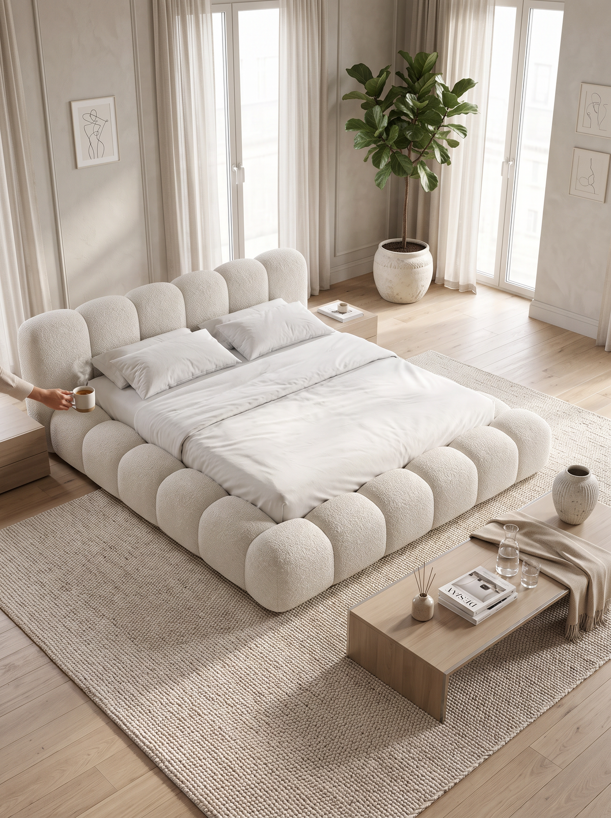 
Letto imbottito di design «Alba» con vano portaoggetti, bouclé bianco - 140 x 200 cm