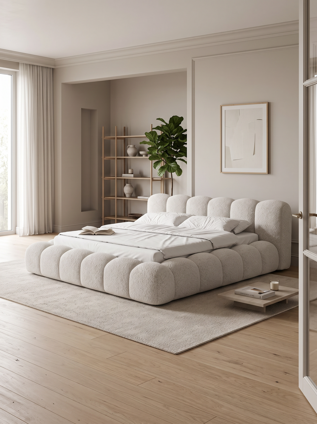 
Letto imbottito di design «Alba» con vano portaoggetti, bouclé bianco - 140 x 200 cm