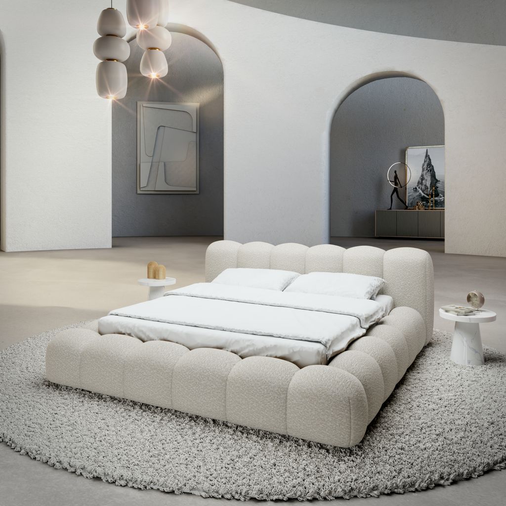 
Design Polsterbett „Alba“ mit Ablagefach, Bouclé Weiss - 140 x 200 cm