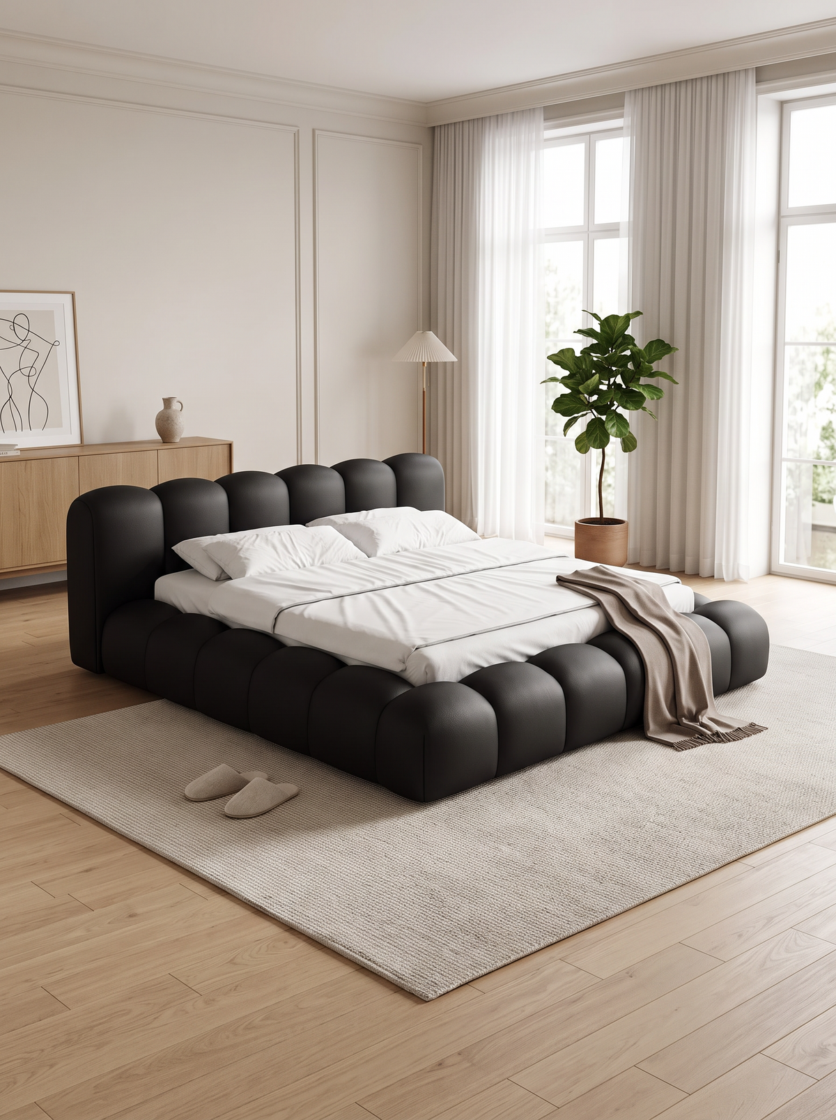 
Letto imbottito di design «Alba» con vano portaoggetti, similpelle nera - 140 x 200 cm