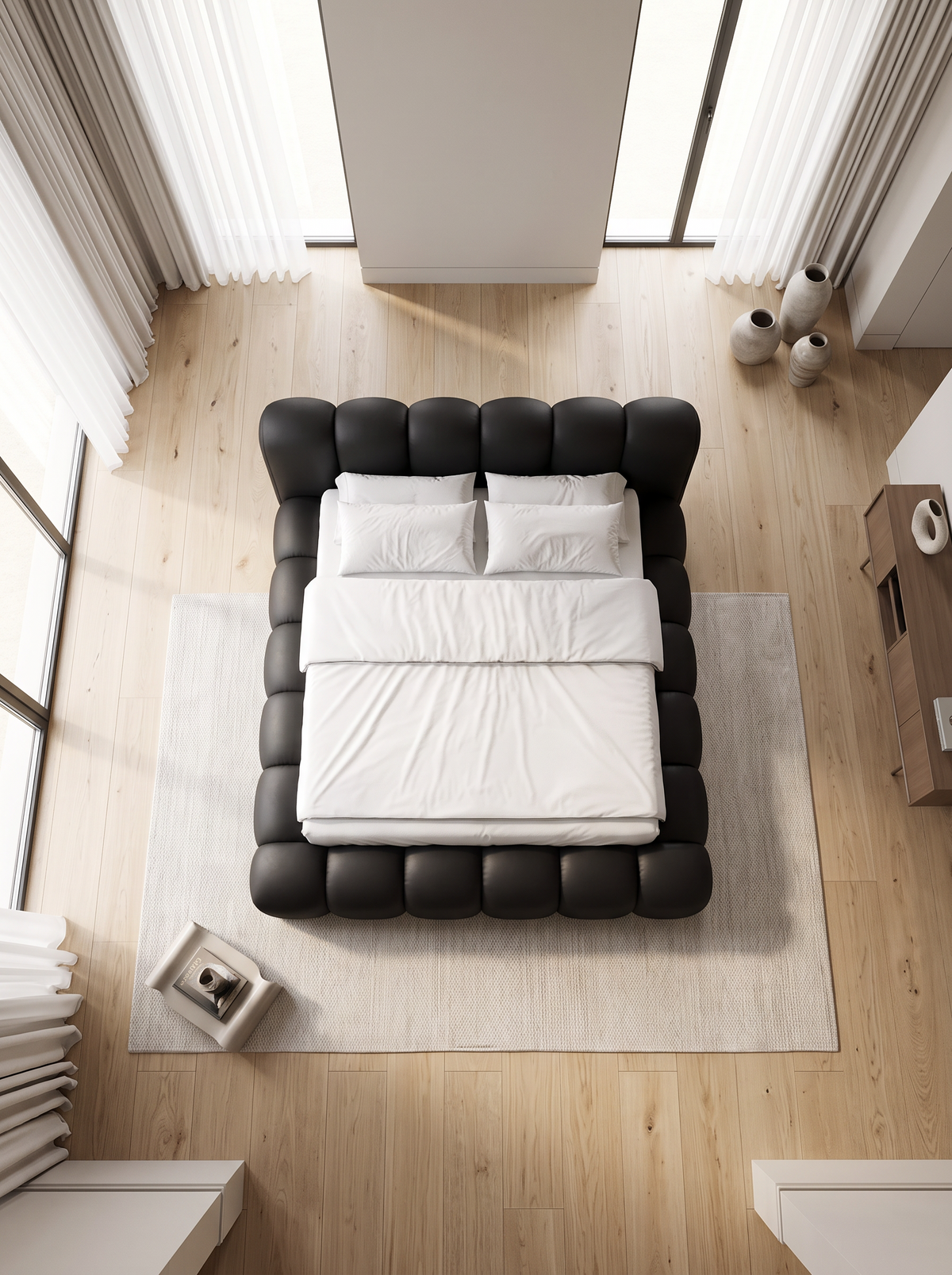 
Letto imbottito di design «Alba» con vano portaoggetti, similpelle nera - 140 x 200 cm