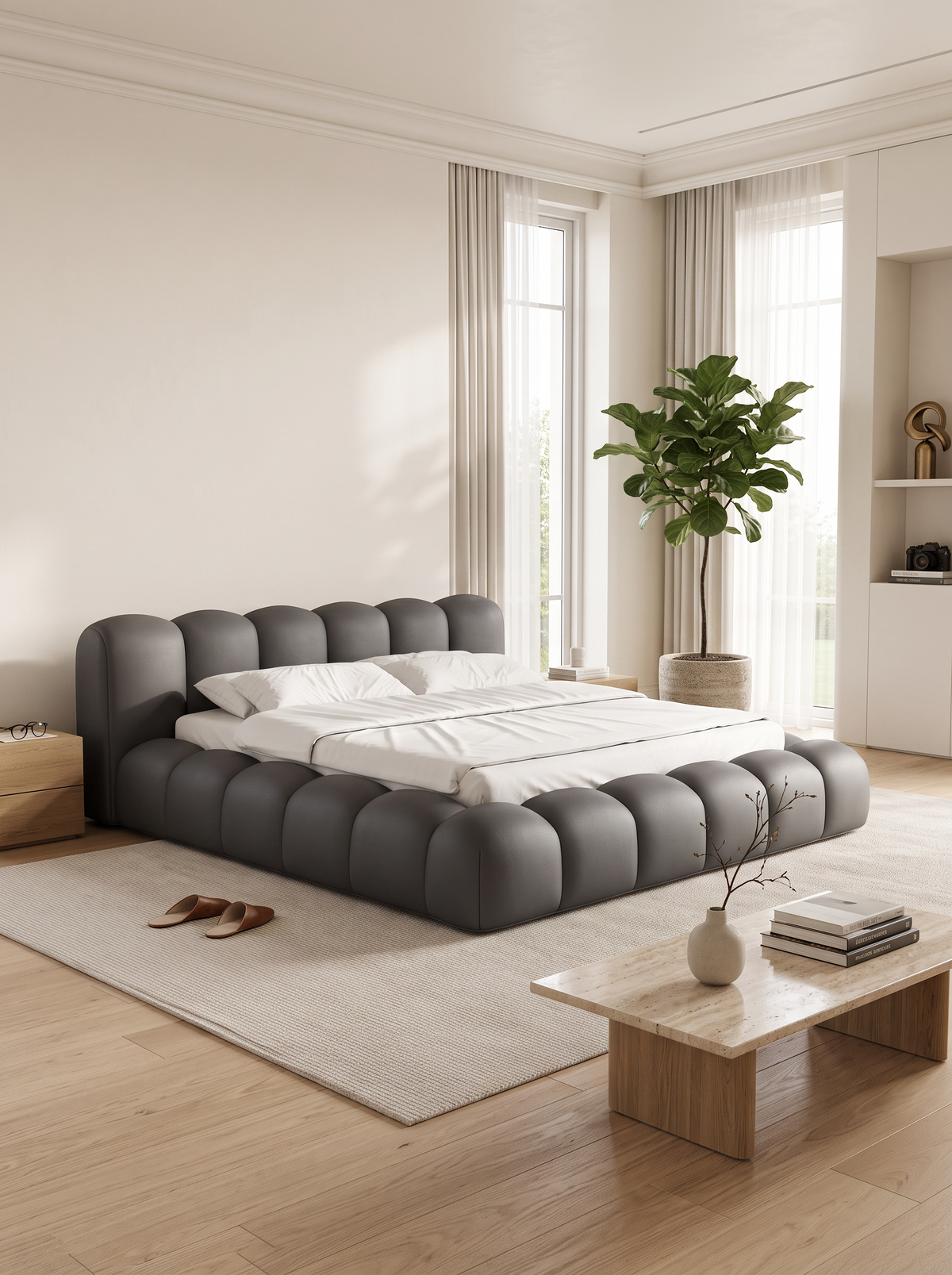 
Letto imbottito di design «Alba» con vano portaoggetti, similpelle grigia - 140 x 200 cm