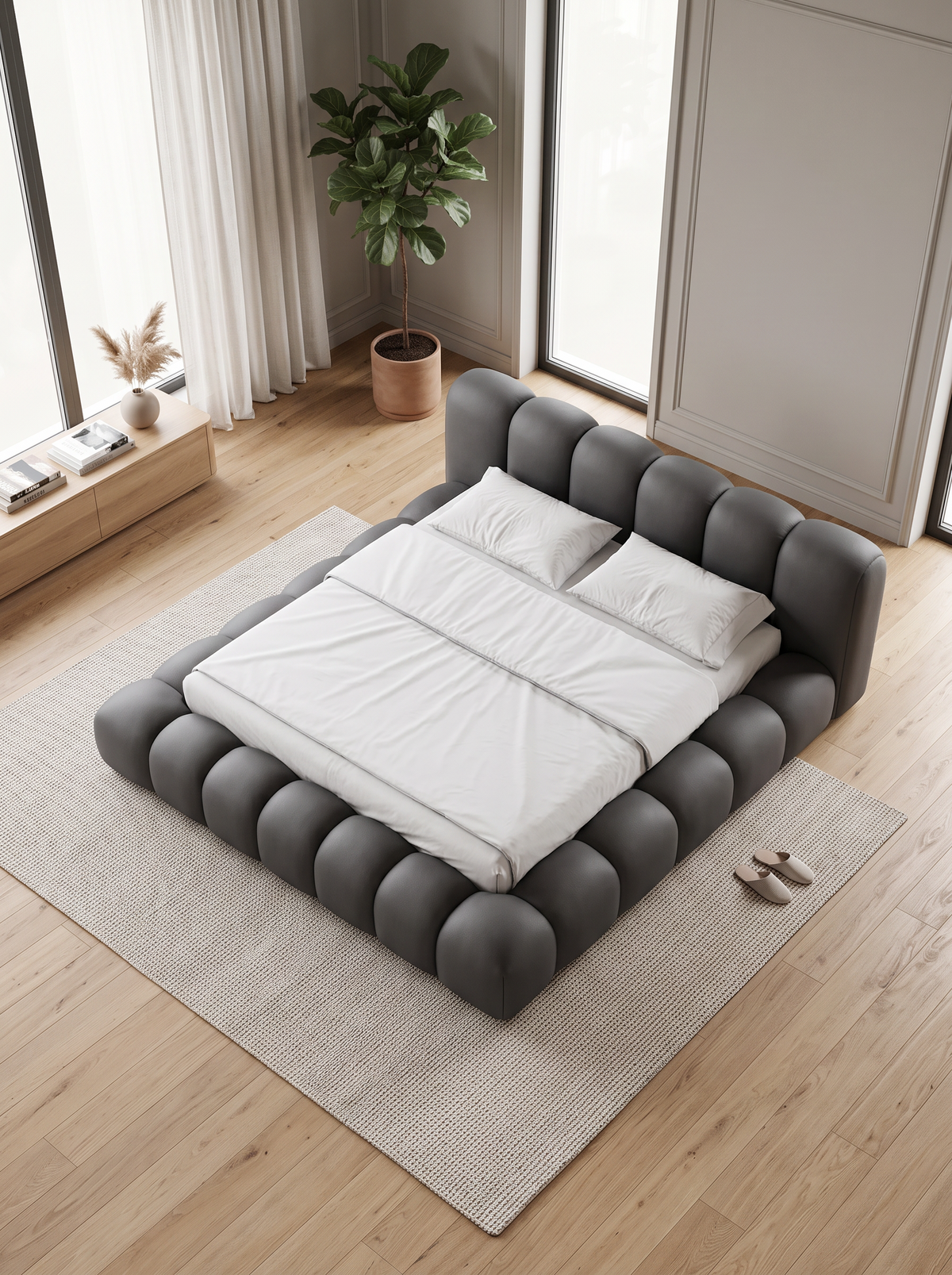 
Letto imbottito di design «Alba» con vano portaoggetti, similpelle grigia - 140 x 200 cm