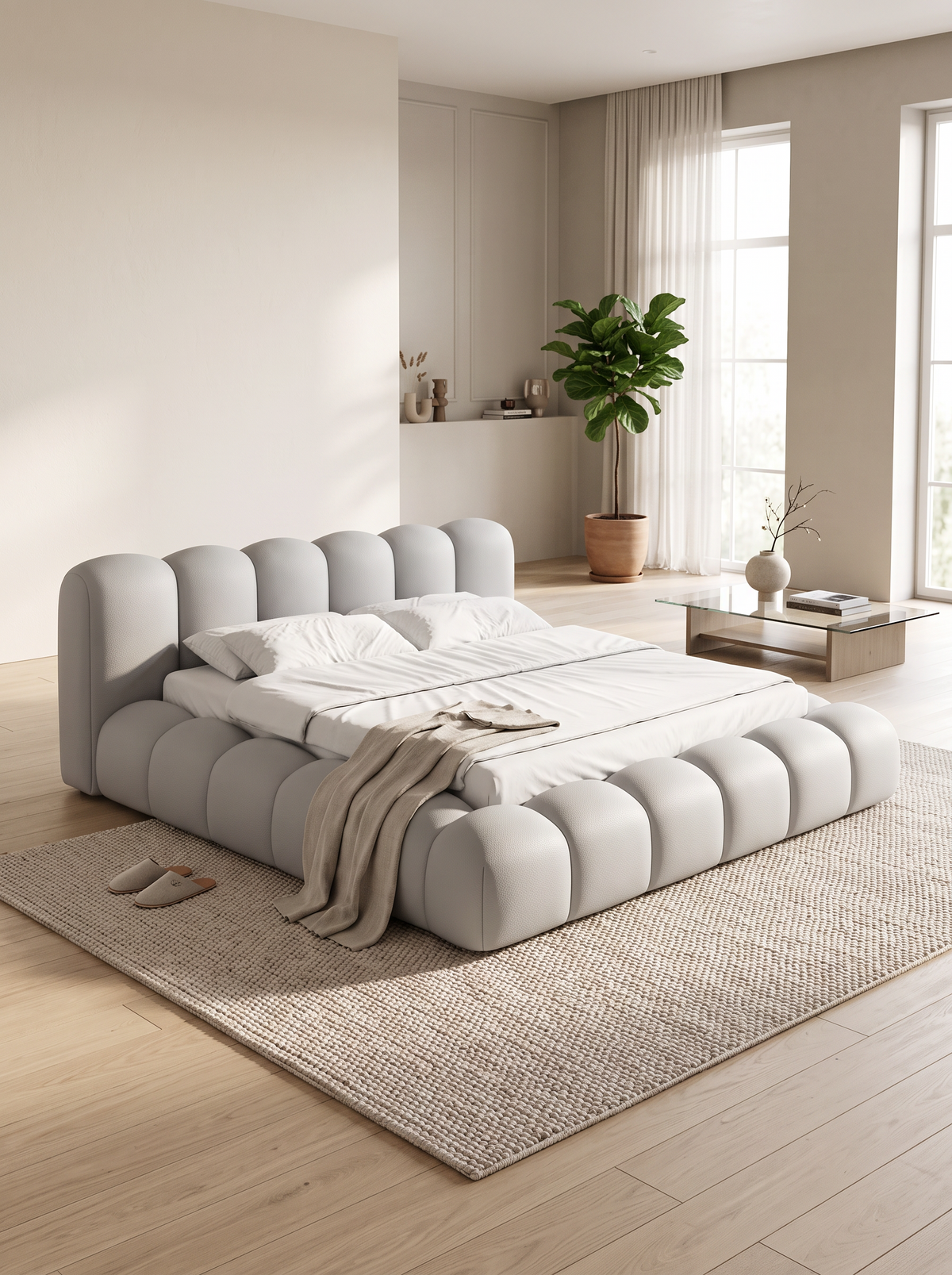 
Design Polsterbett „Alba“ mit Ablagefach, Kunstleder Hellgrau - 140 x 200 cm