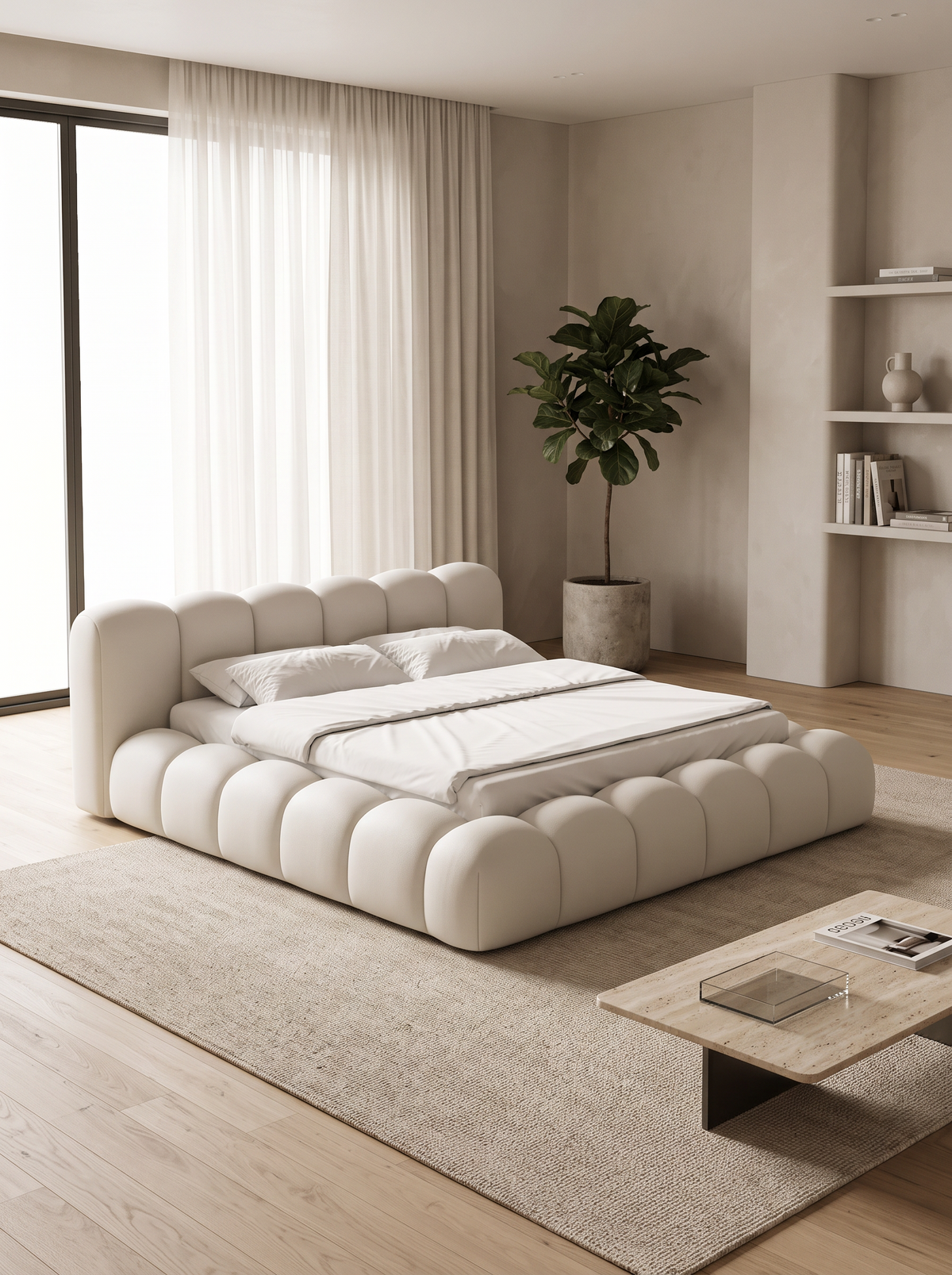 
Letto imbottito di design «Alba» con vano portaoggetti, similpelle bianca - 140 x 200 cm