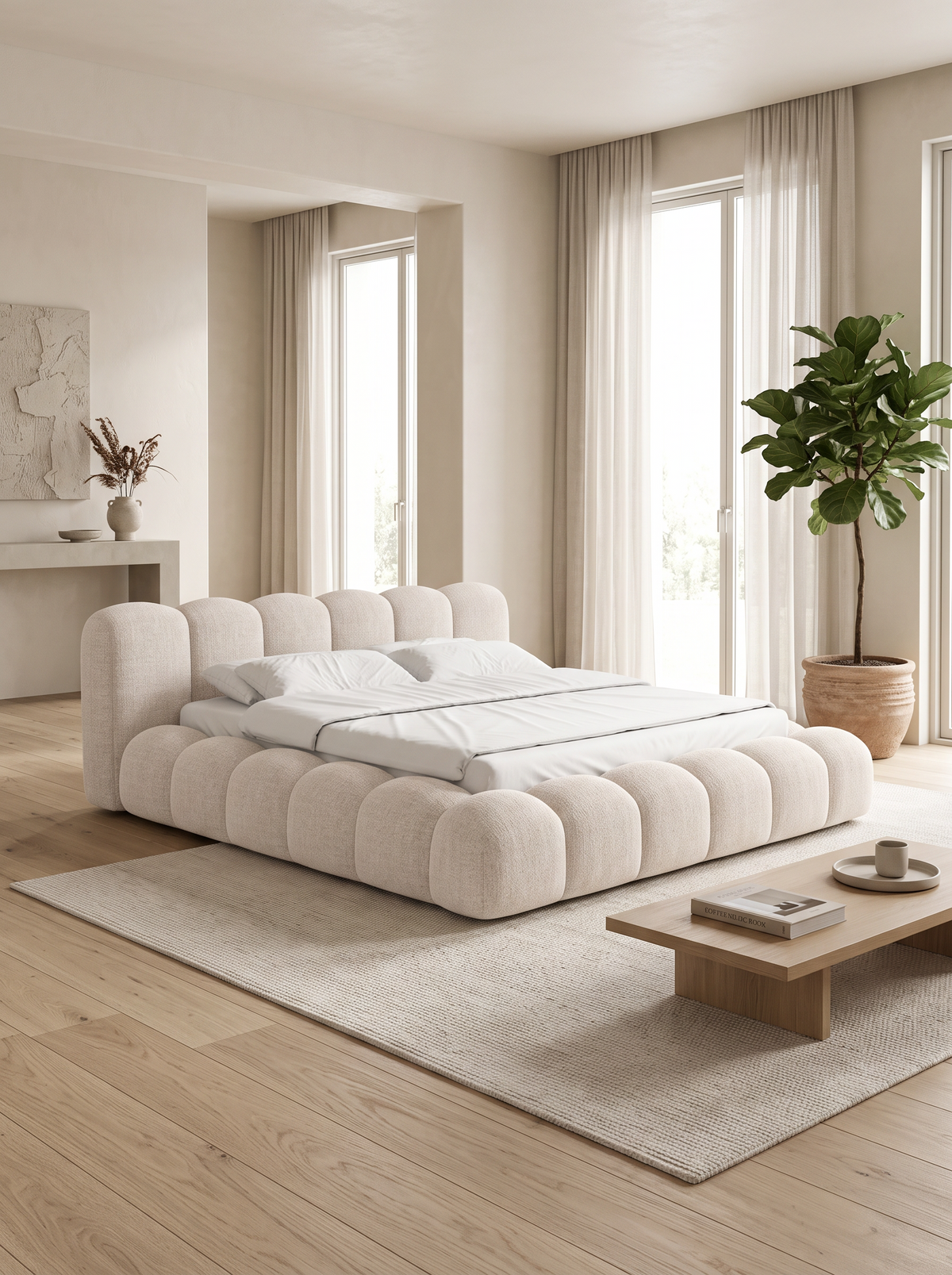 
Letto imbottito di design «Alba» con vano portaoggetti, tessuto intrecciato beige - 140 x 200 cm