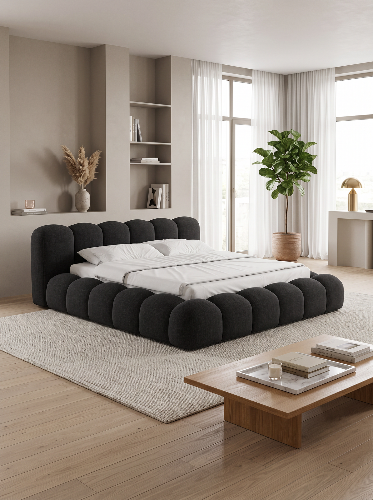 
Letto imbottito di design «Alba» con vano portaoggetti, tessuto intrecciato nero - 140 x 200 cm