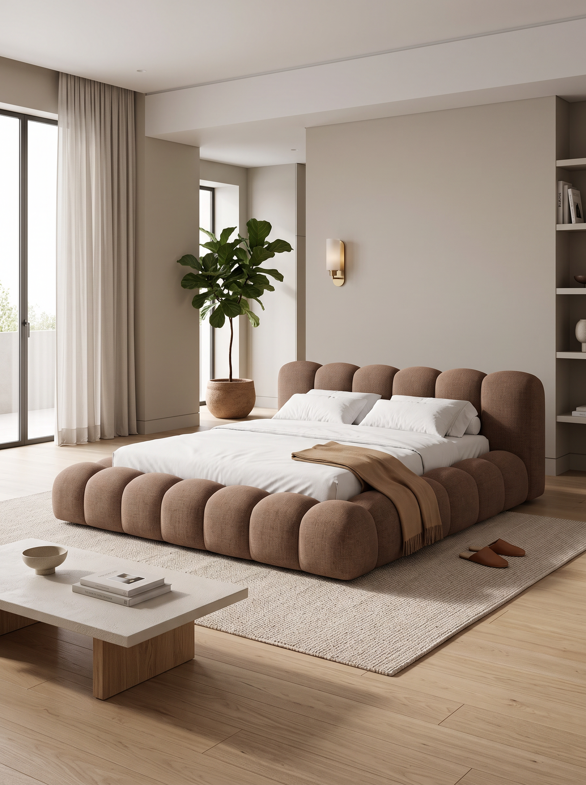
Letto imbottito di design «Alba» con vano portaoggetti, tessuto intrecciato marrone - 140 x 200 cm