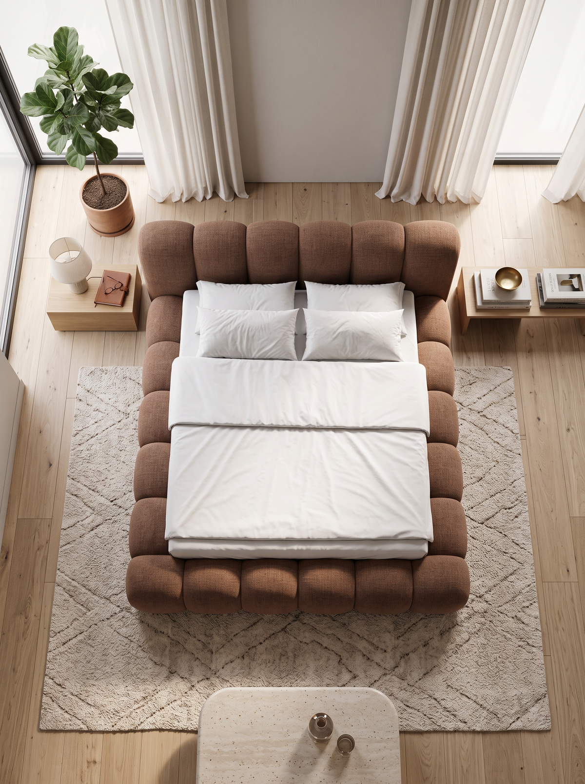 
Letto imbottito di design «Alba» con vano portaoggetti, tessuto intrecciato marrone - 140 x 200 cm