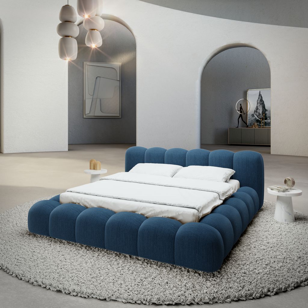 
Design Polsterbett „Alba“ mit Ablagefach, Webstoff Dunkelblau - 140 x 200 cm
