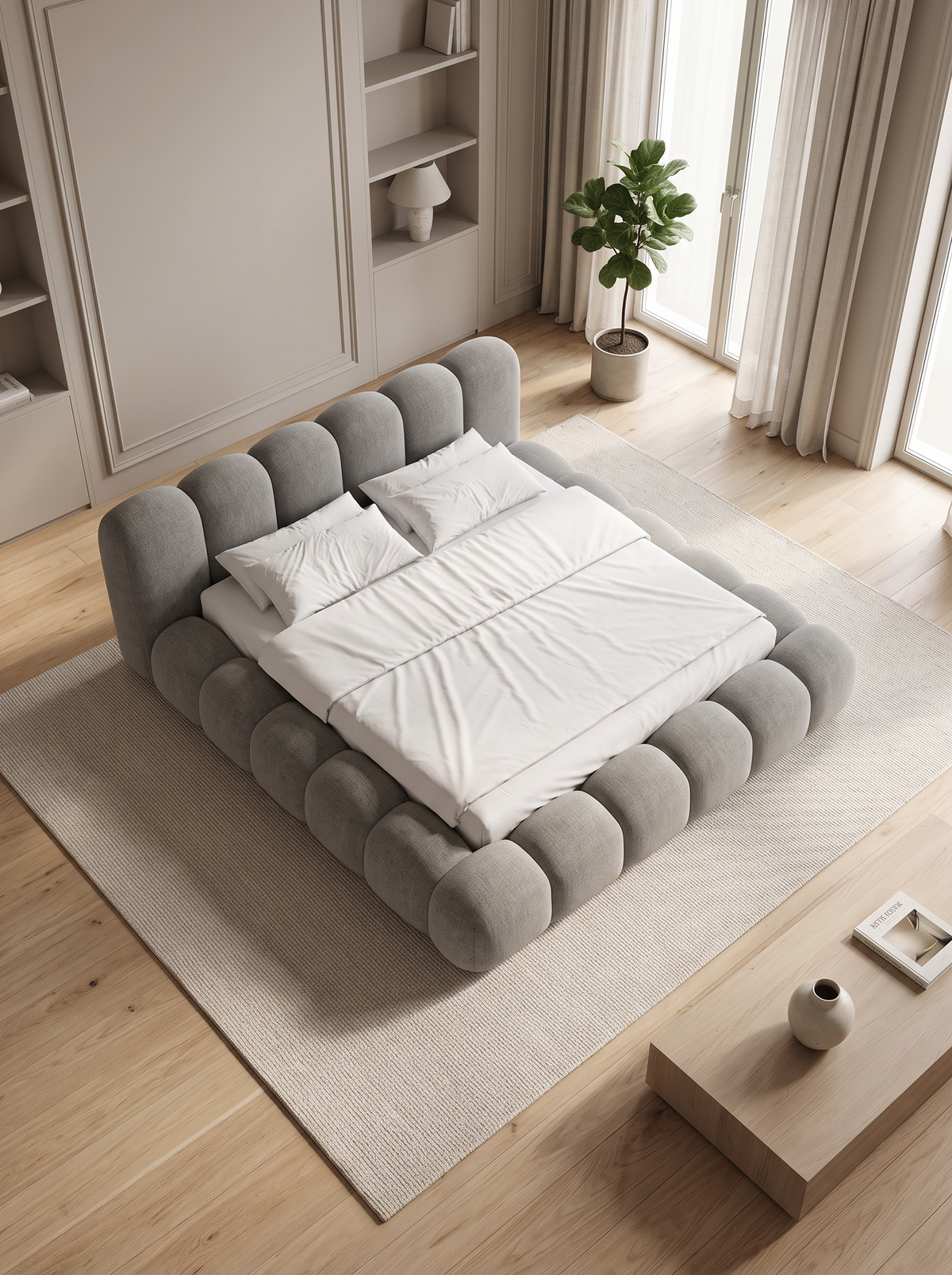 
Letto imbottito di design «Alba» con vano portaoggetti, tessuto intrecciato grigio - 140 x 200 cm