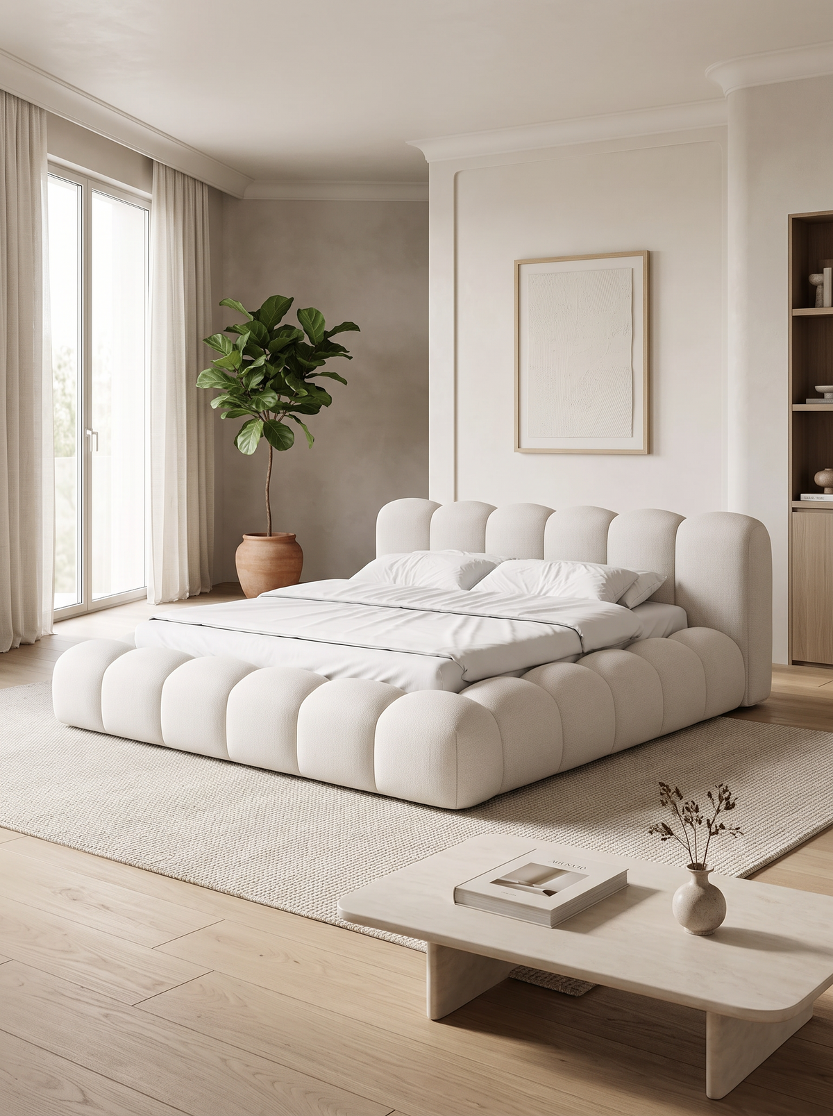
Letto imbottito di design «Alba» con vano portaoggetti, tessuto intrecciato bianco - 140 x 200 cm