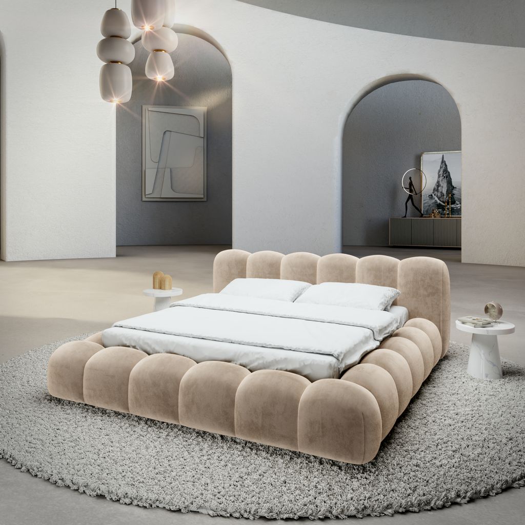
Design Polsterbett „Alba“ mit Ablagefach, Samt Beige - 140 x 200 cm