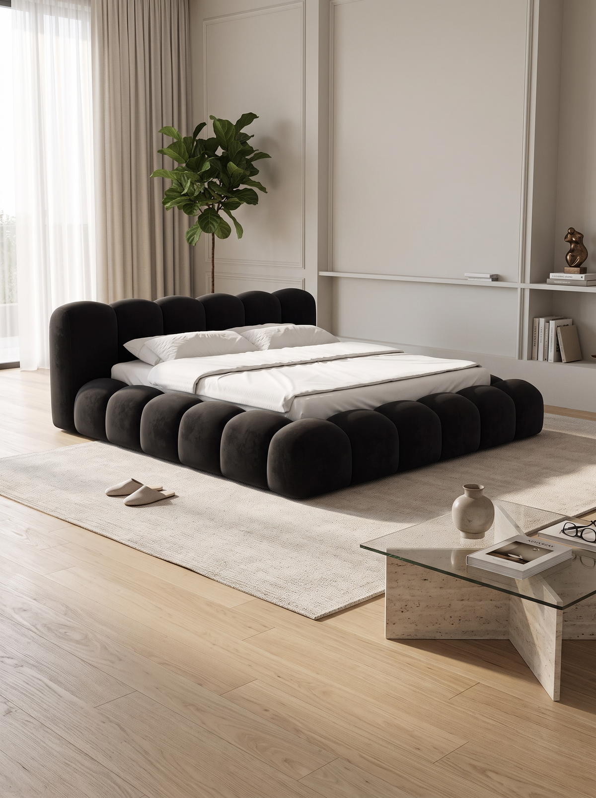 
Letto imbottito di design «Alba» con vano portaoggetti, velluto nero - 140 x 200 cm