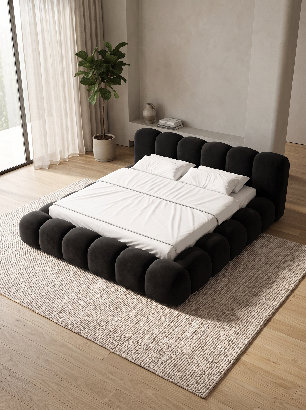 
Letto imbottito di design «Alba» con vano portaoggetti, velluto nero - 140 x 200 cm