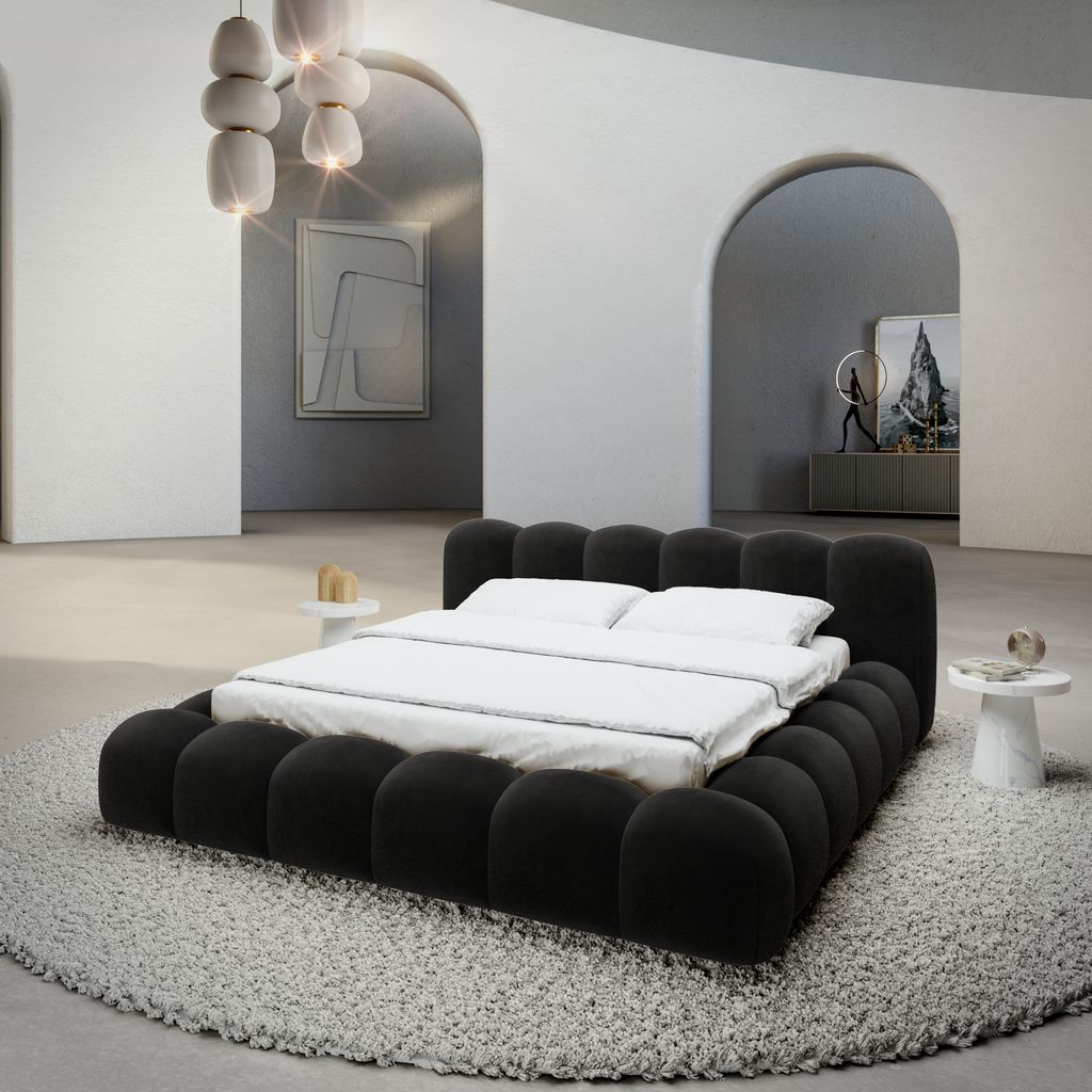 
Design Polsterbett „Alba“ mit Ablagefach, Samt Schwarz - 140 x 200 cm