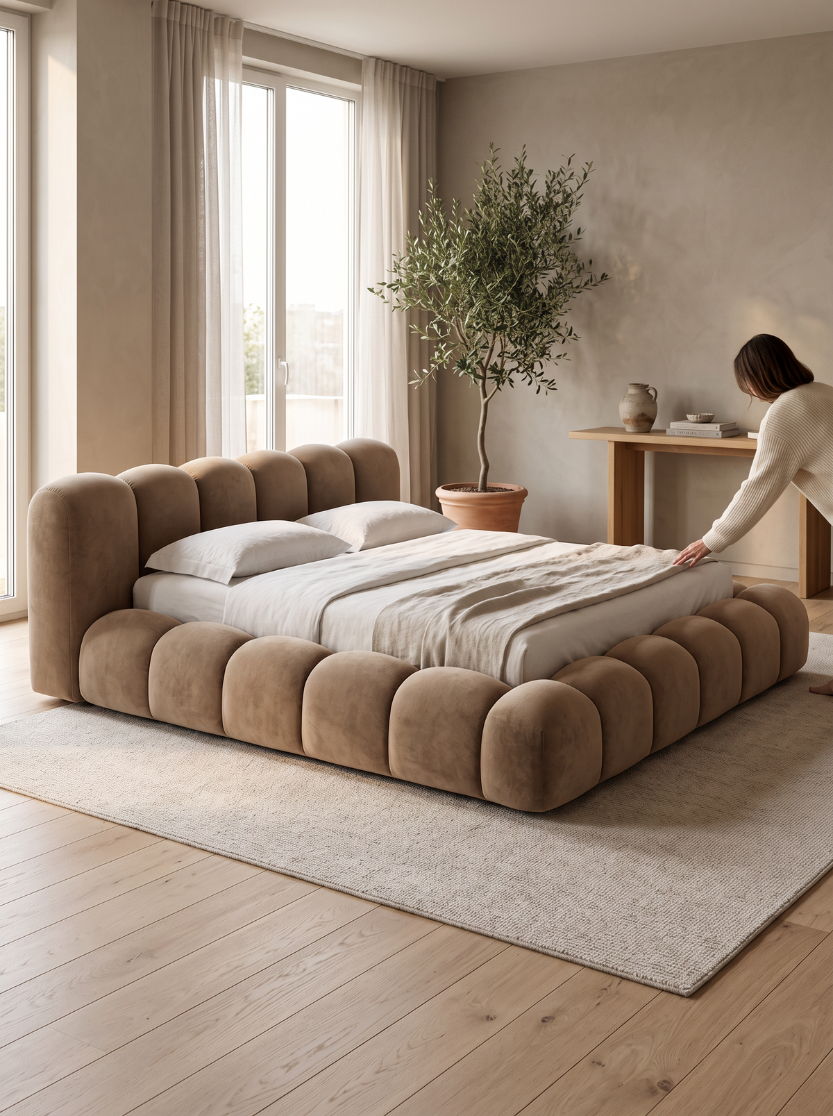 
Letto imbottito di design «Alba» con vano portaoggetti, velluto marrone - 140 x 200 cm