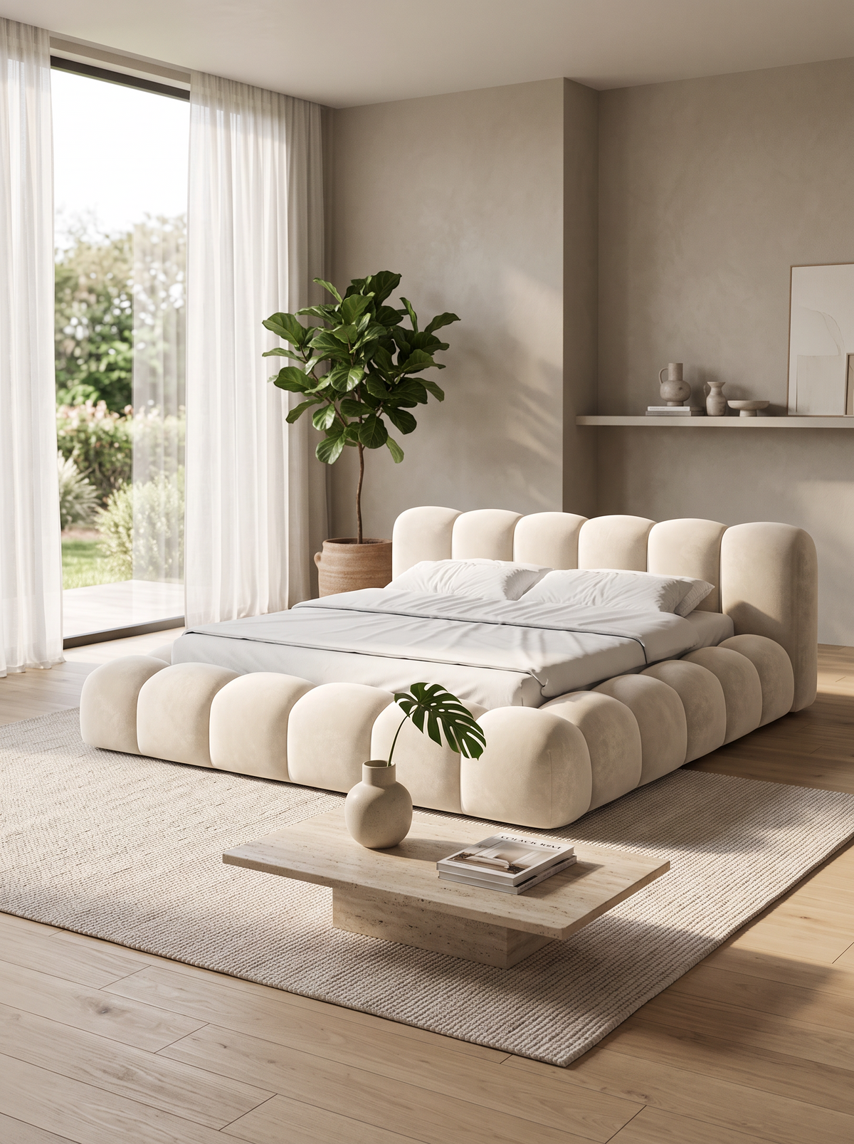 
Design Polsterbett „Alba“ mit Ablagefach, Samt Cream - 140 x 200 cm