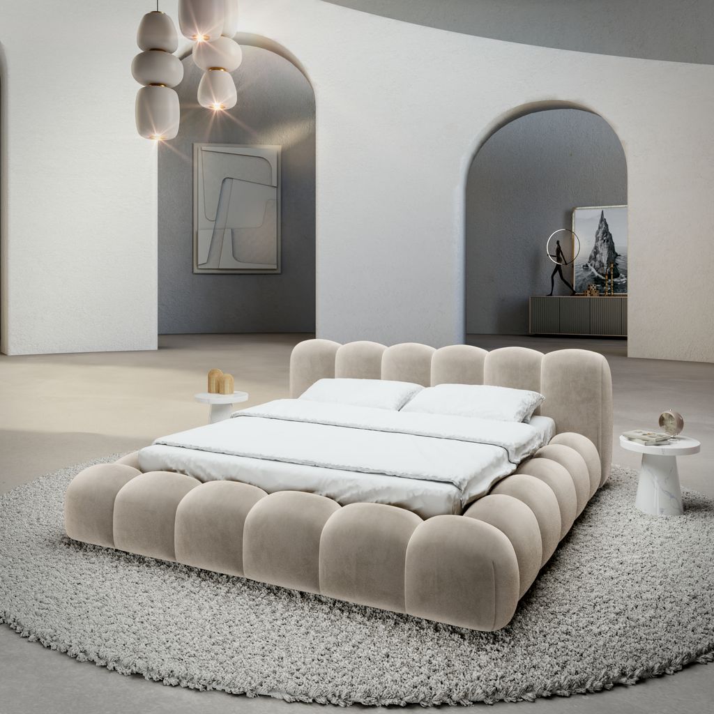 
Design Polsterbett „Alba“ mit Ablagefach, Samt Cream - 140 x 200 cm