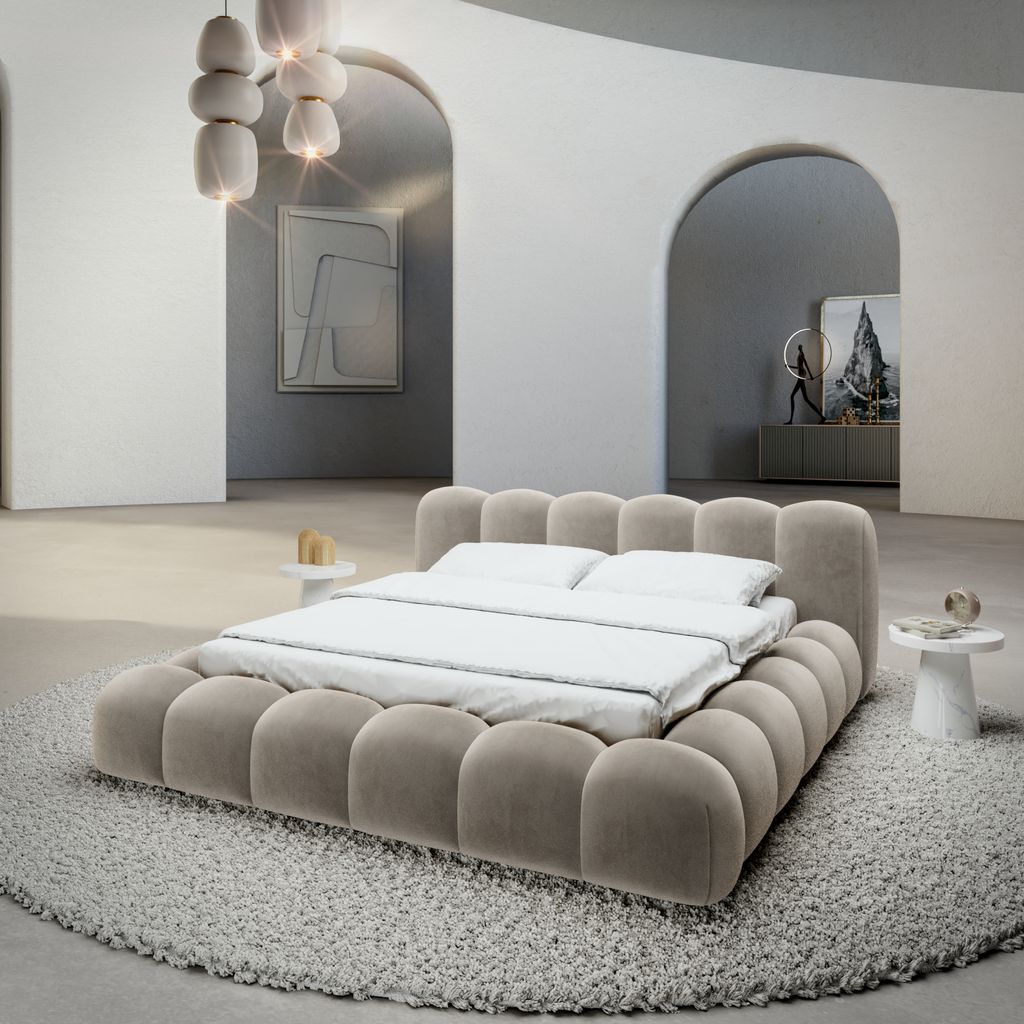
Design Polsterbett „Alba“ mit Ablagefach, Samt Beige dunkel - 140 x 200 cm