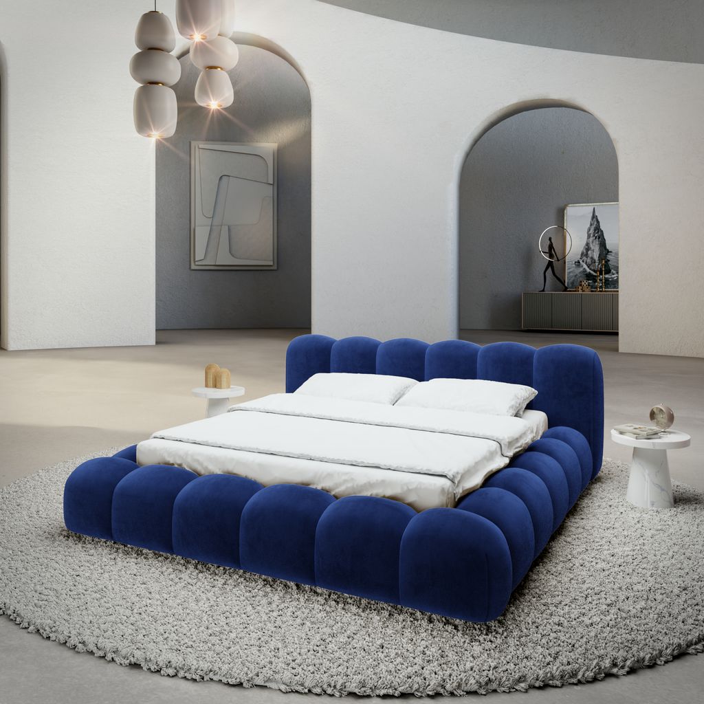 
Design Polsterbett „Alba“ mit Ablagefach, Samt Dunkelblau - 140 x 200 cm