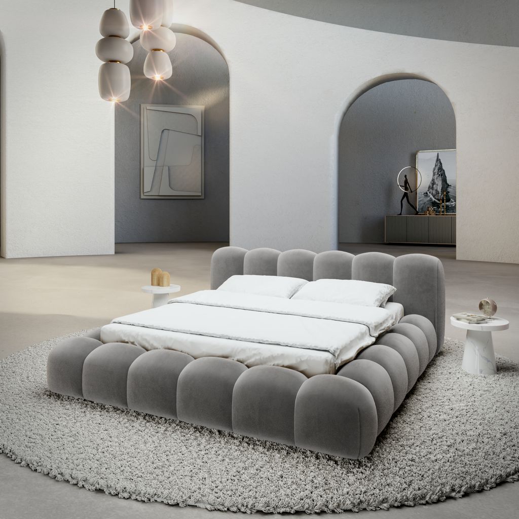 
Design Polsterbett „Alba“ mit Ablagefach, Samt Grau - 140 x 200 cm