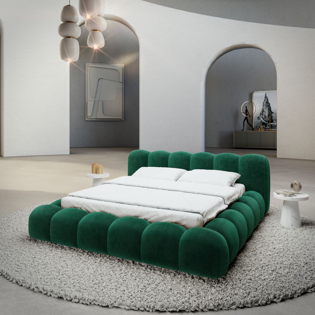 
Design Polsterbett „Alba“ mit Ablagefach, Samt Grün - 140 x 200 cm