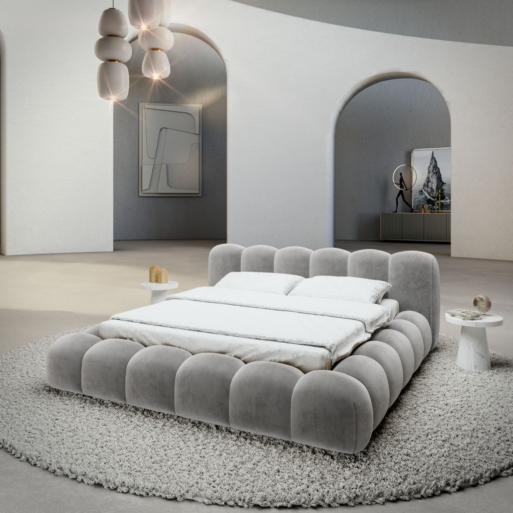 
Design Polsterbett „Alba“ mit Ablagefach, Samt Hellgrau - 140 x 200 cm