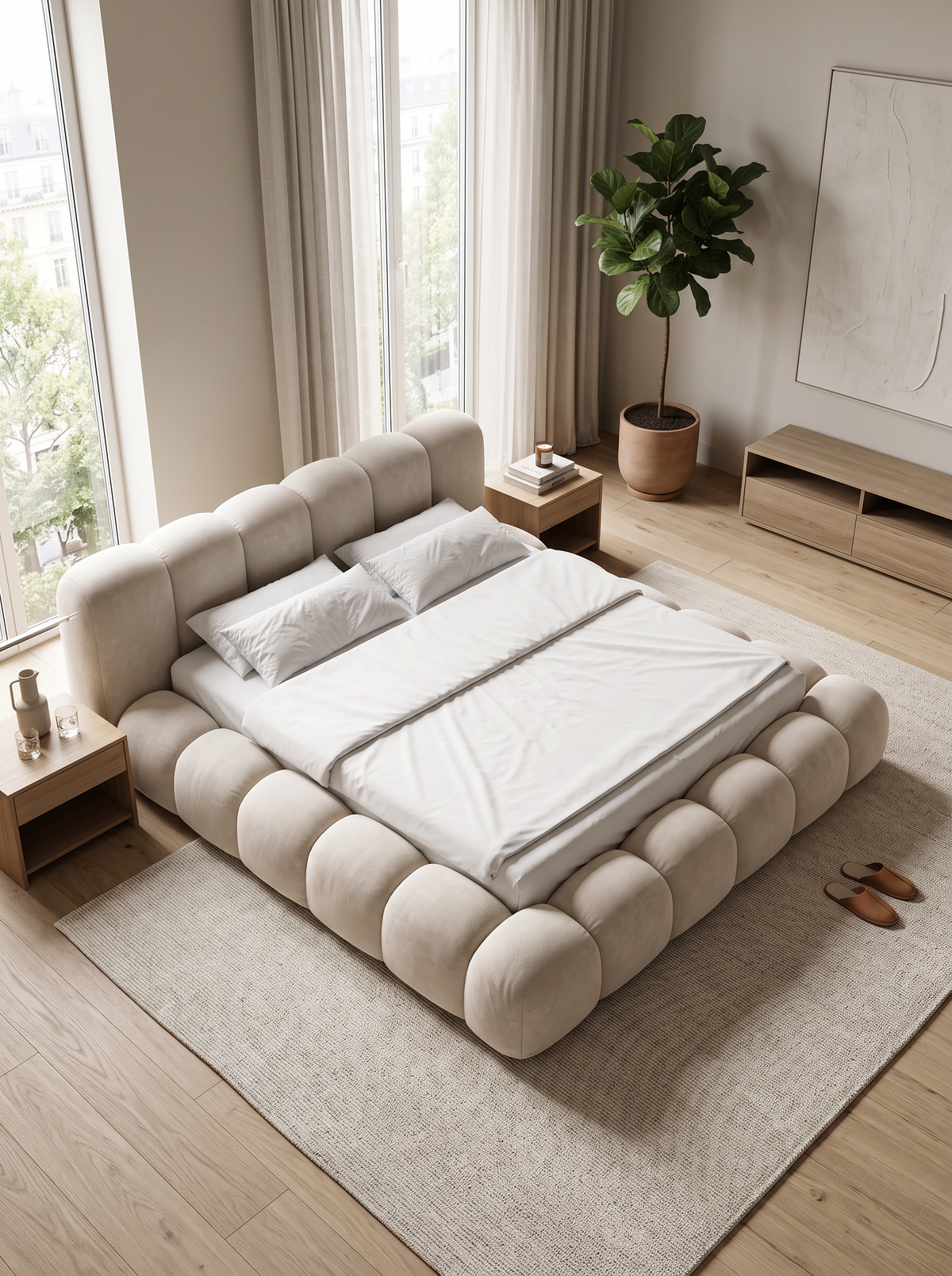 
Letto imbottito di design «Alba» con vano portaoggetti, velluto color sabbia - 140 x 200 cm