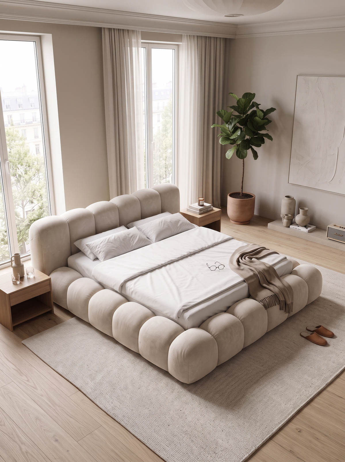 
Letto imbottito di design «Alba» con vano portaoggetti, velluto color sabbia - 140 x 200 cm
