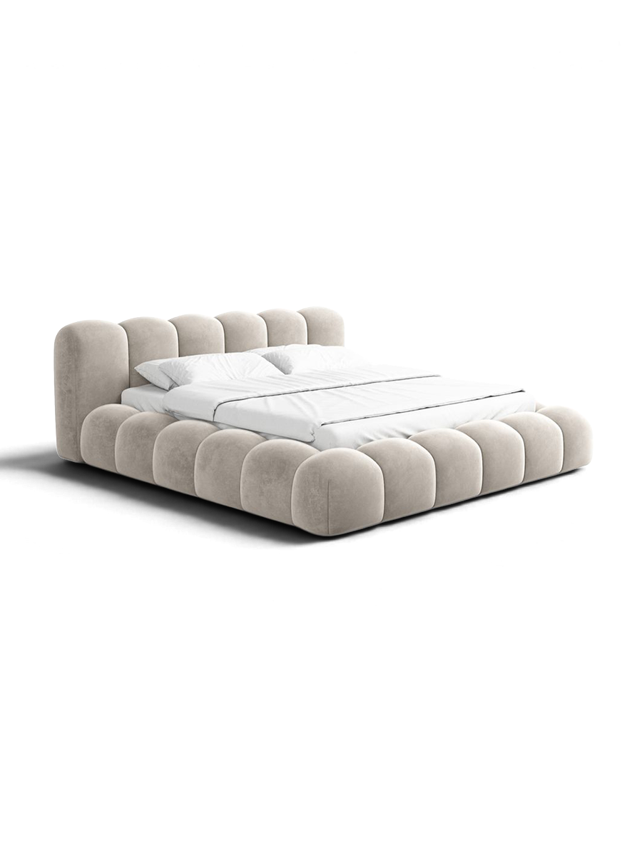 
Letto imbottito di design «Alba» con vano portaoggetti, velluto color sabbia - 140 x 200 cm