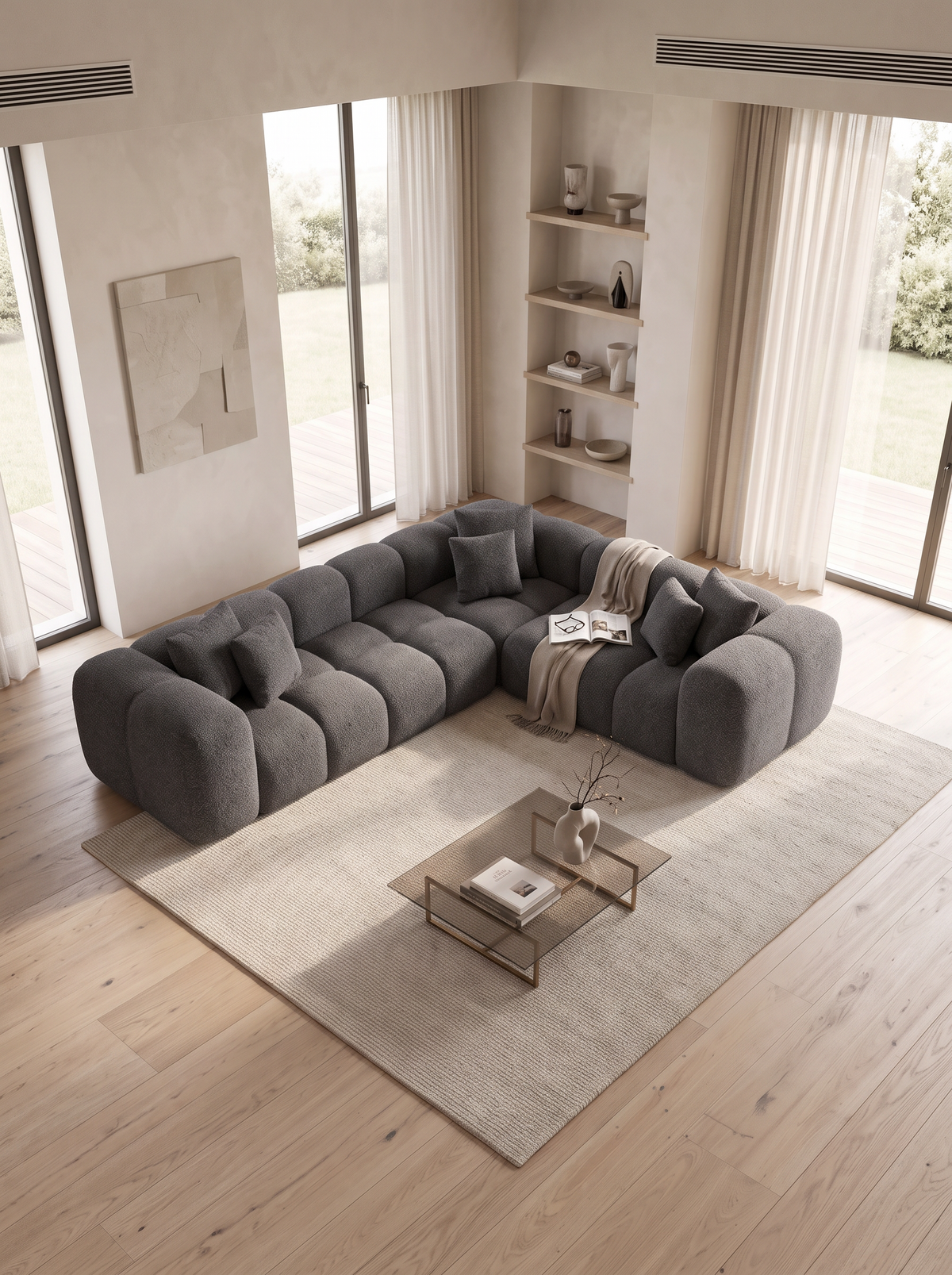 
Canapé d’angle design 5 places « Alba » avec revêtement bouclé - Bouclé Graphit