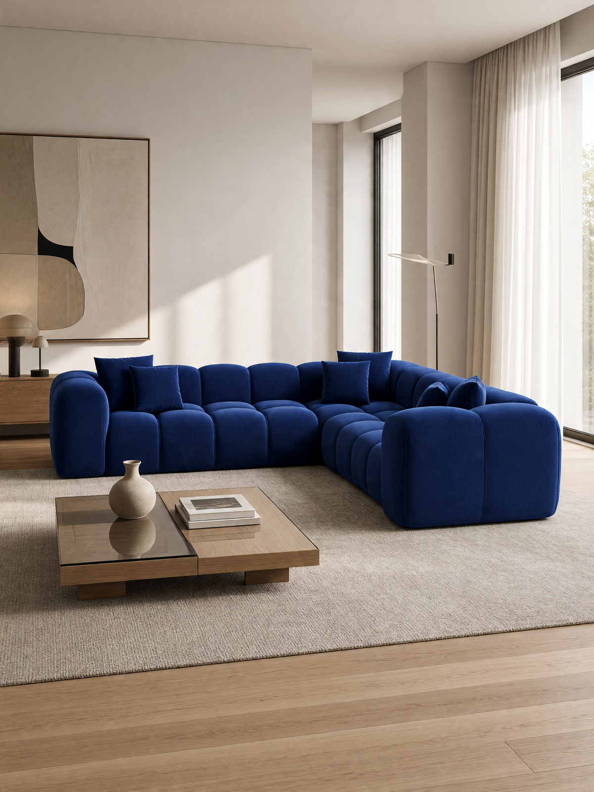 
Divano angolare di design a 5 posti “Alba” con rivestimento in velluto - Rivestimento in raso blu reale