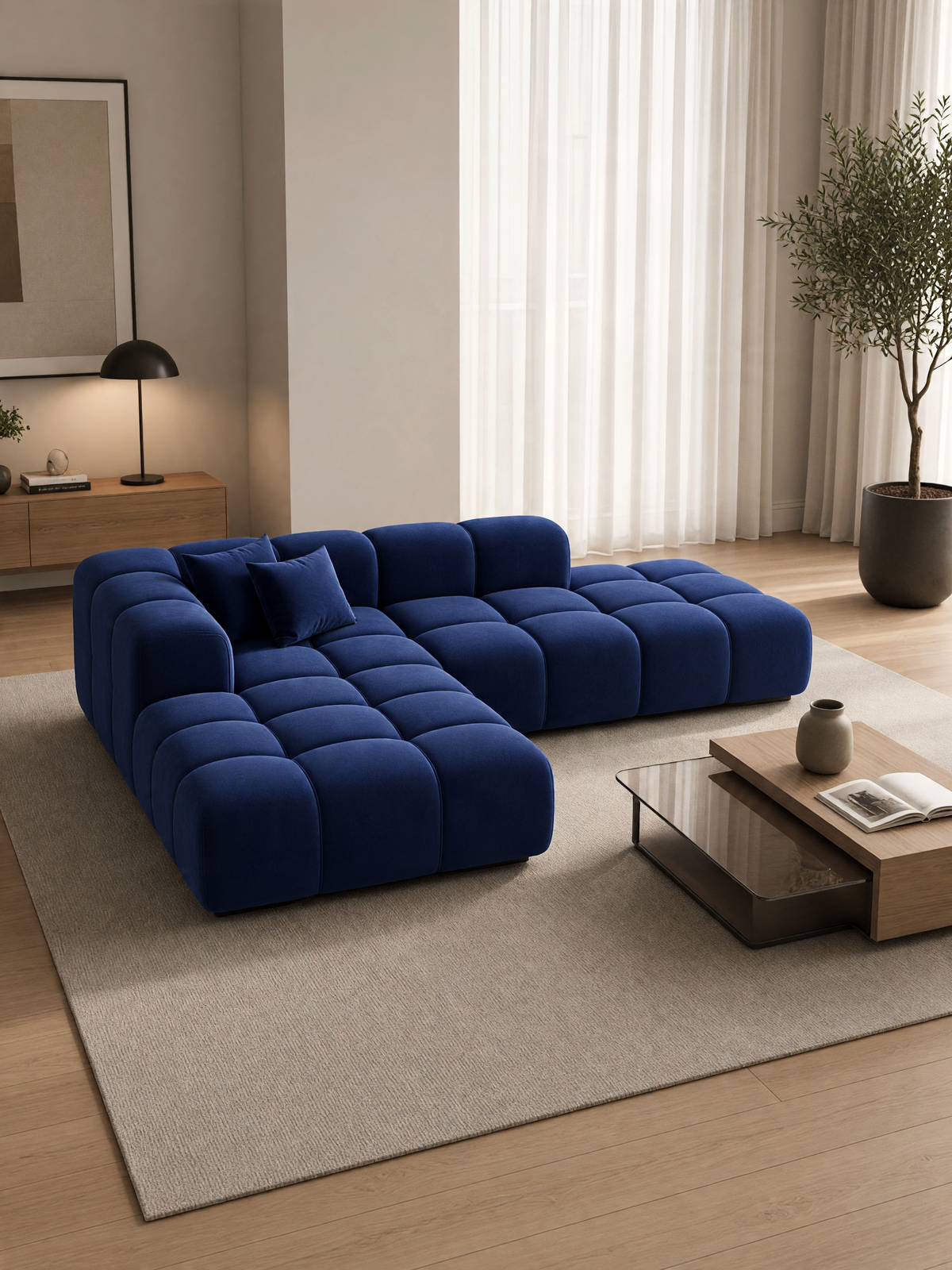 
Divano angolare di design a 4 posti “Alba Lounge” con rivestimento in velluto - Rivestimento in raso blu reale / Elemento angolare sinistro