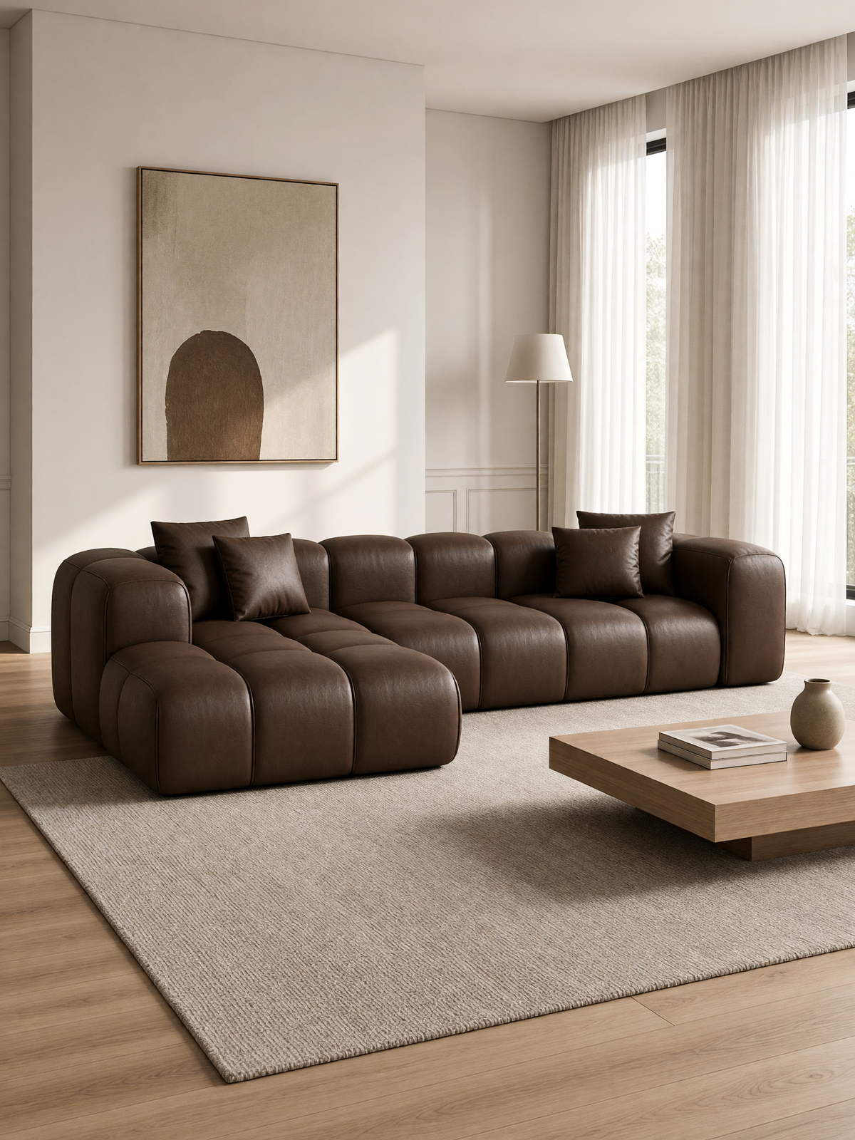 
4-seater designer genuine leather corner sofa "Alba" - Genuine leather Dark Brown / Left corner section