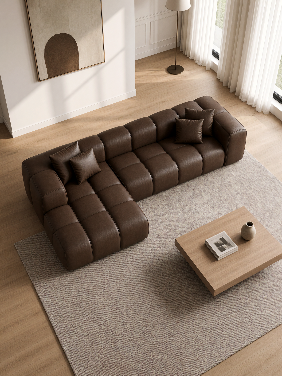 
4-seater designer genuine leather corner sofa "Alba" - Genuine leather Dark Brown / Left corner section
