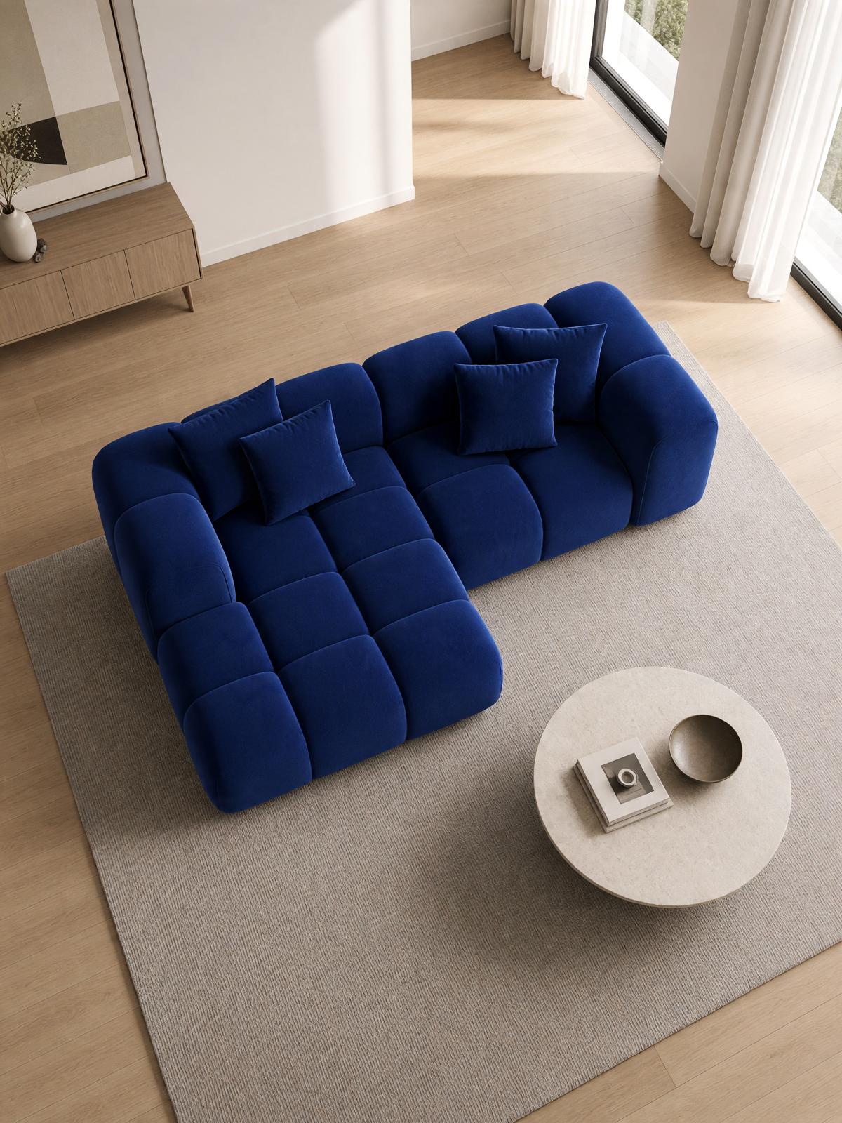 
Divano angolare di design a 3 posti “Alba Studio” con rivestimento in velluto - Rivestimento in raso blu reale / Elemento angolare sinistro