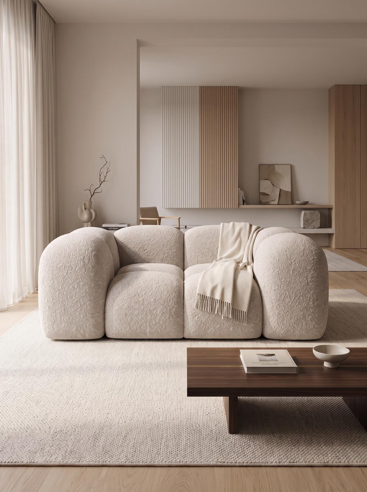 
Poltrona lounge di design “Alba” con rivestimento bouclé - Bouclé Toffee
