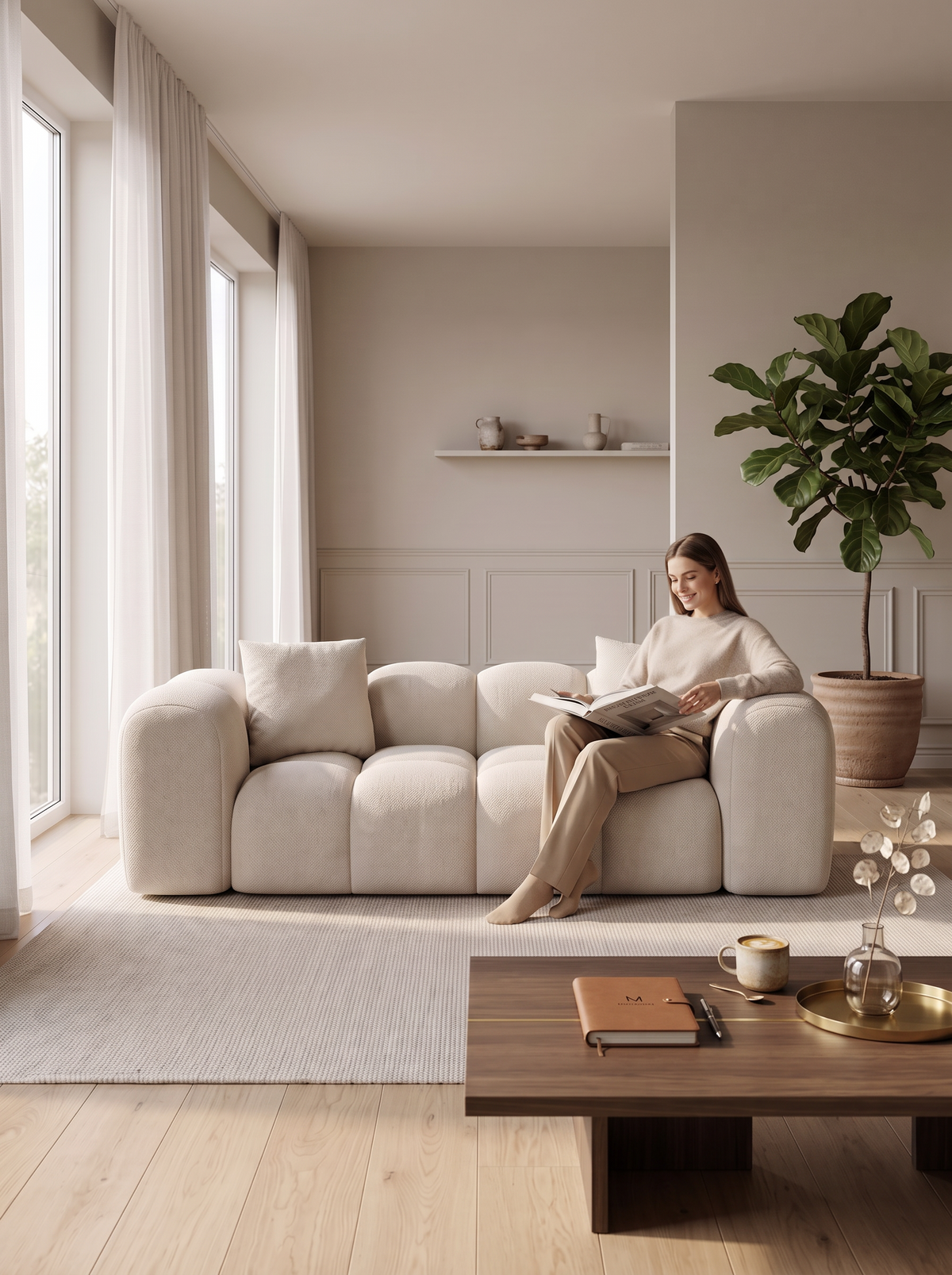 
Canapé design 2 places « Alba » avec revêtement en tissu texturé - Tissu texturé Beige