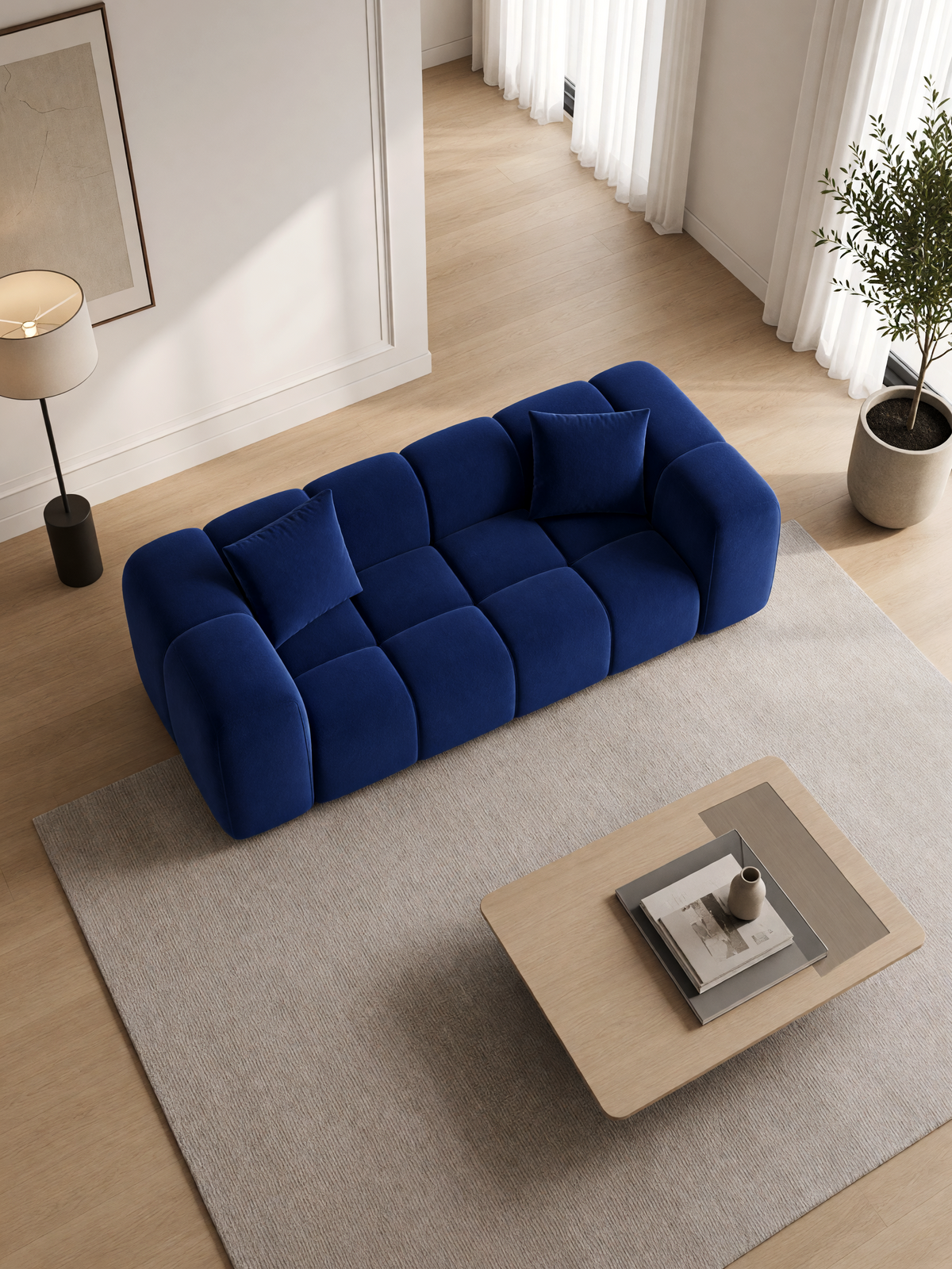 
Divano di design a 2 posti “Alba” con rivestimento in velluto - Rivestimento in raso blu reale