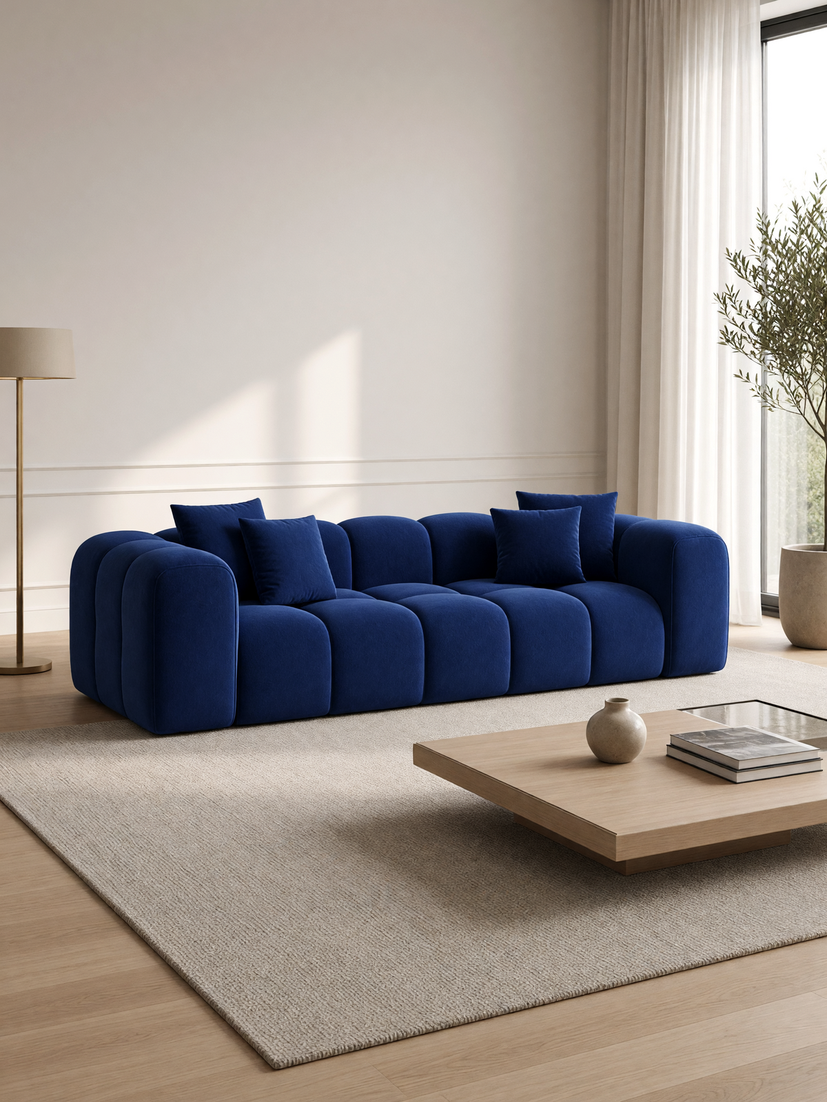 
Divano di design a 3 posti “Alba” con rivestimento in velluto - Rivestimento in raso blu reale
