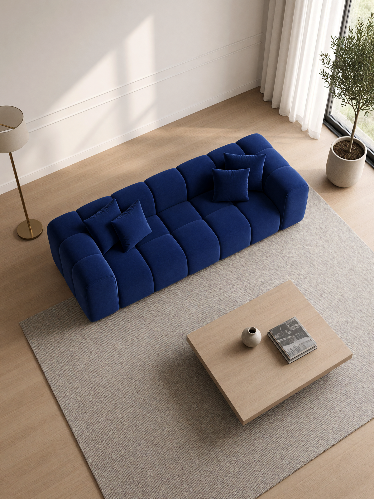 
Divano di design a 3 posti “Alba” con rivestimento in velluto - Rivestimento in raso blu reale