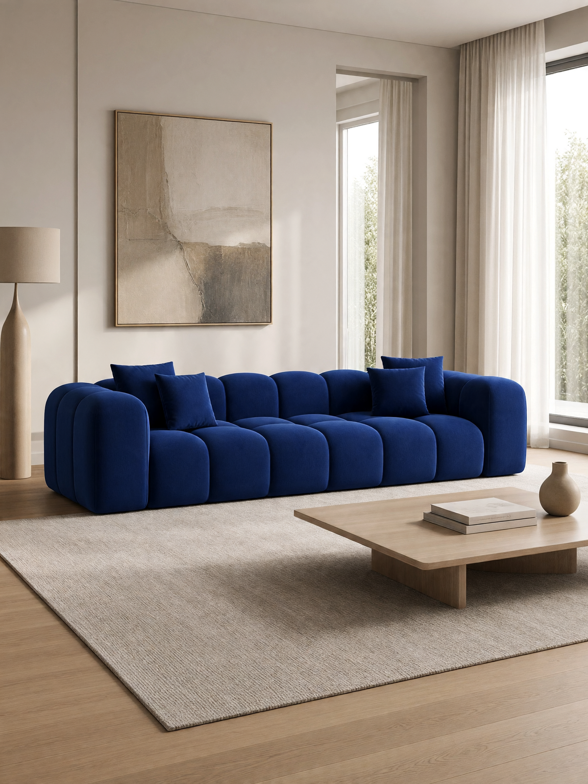 
Divano di design a 4 posti “Alba” con rivestimento in velluto - Rivestimento in raso blu reale
