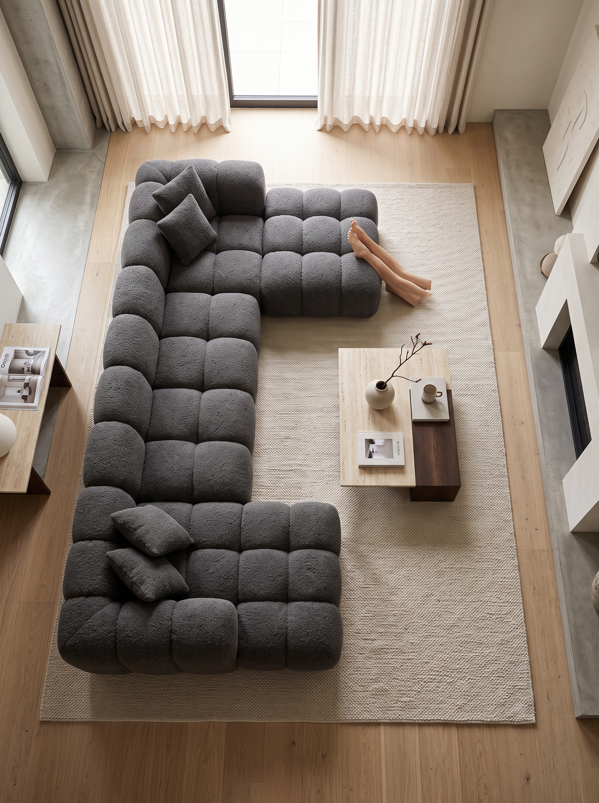 
Divano panoramico di design a 7 posti “Alba XL” con rivestimento bouclé - Bouclé Grafite / Lato lungo a sinistra