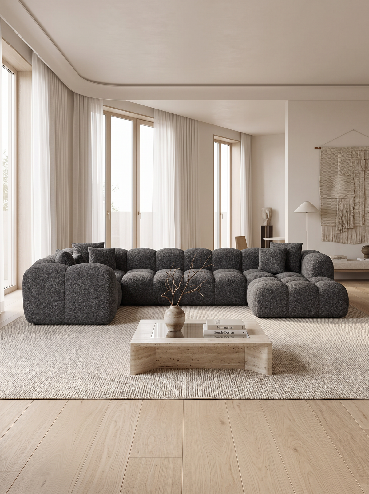 
Divano panoramico di design a 7 posti “Alba XL” con rivestimento bouclé - Bouclé Grafite / Lato lungo a sinistra