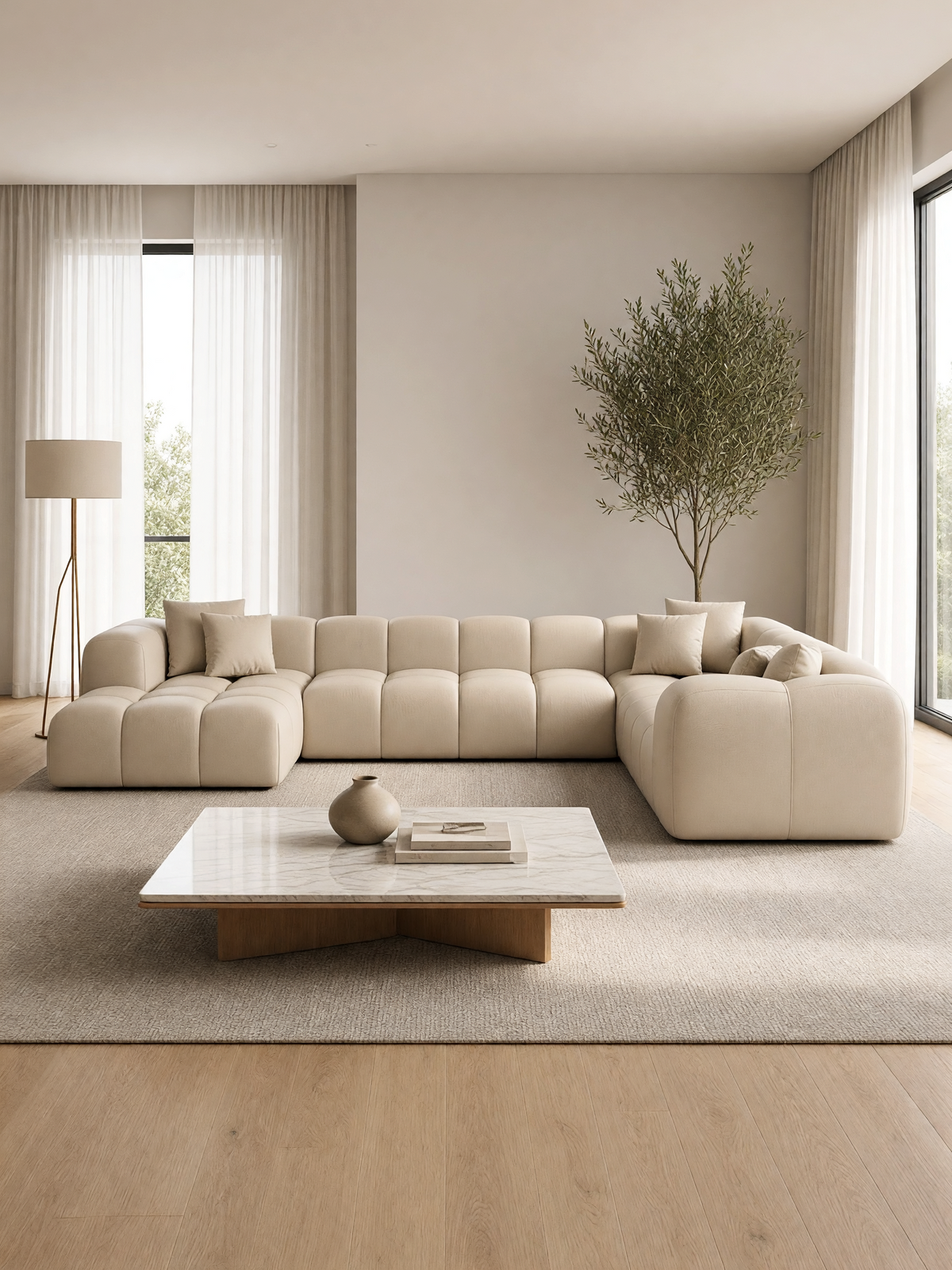 
7-seater designer genuine leather panoramic sofa "Alba XXL" - Genuine leather Beige / Long side right
