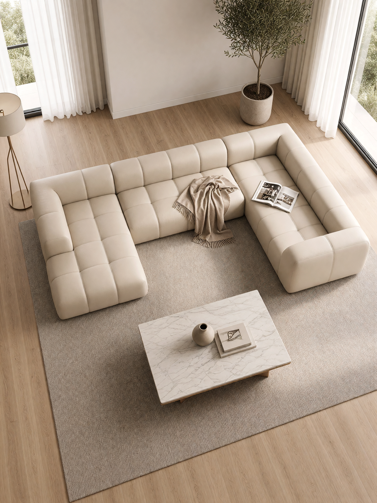 
7-seater designer genuine leather panoramic sofa "Alba XXL" - Genuine leather Beige / Long side right