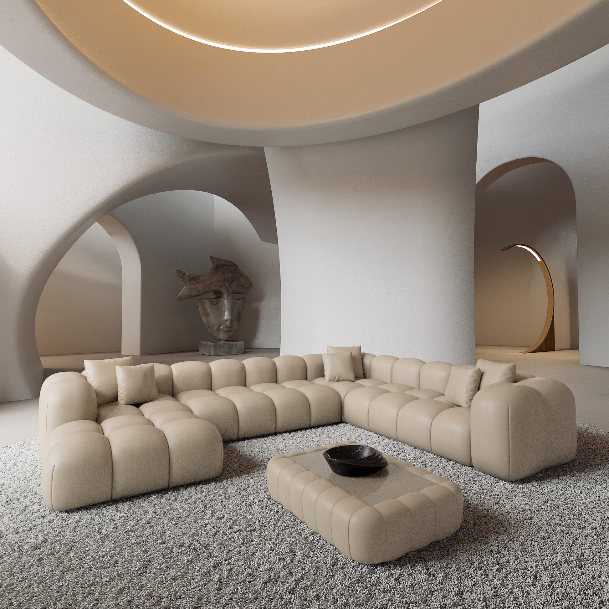 
7-Sitzer Design Echtleder Panorama-Sofa „Alba XXL“ - Echtleder Beige / Lange Seite rechts