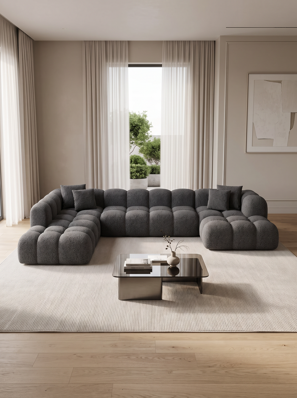 
Divano panoramico di design a 7 posti “Alba Lounge XXL” con rivestimento bouclé - Bouclé Grafite / Lato lungo a sinistra