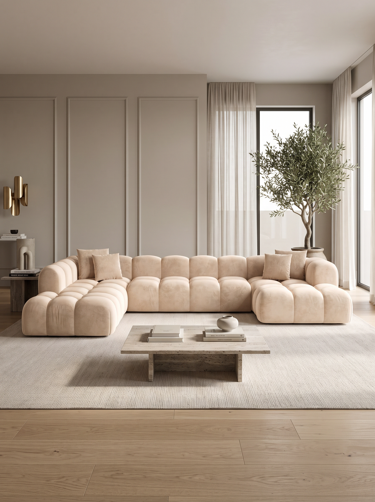 
Divano panoramico di design a 7 posti «Alba Lounge XXL» con rivestimento in velluto - Rivestimento in velluto Beige / Lato lungo a sinistra
